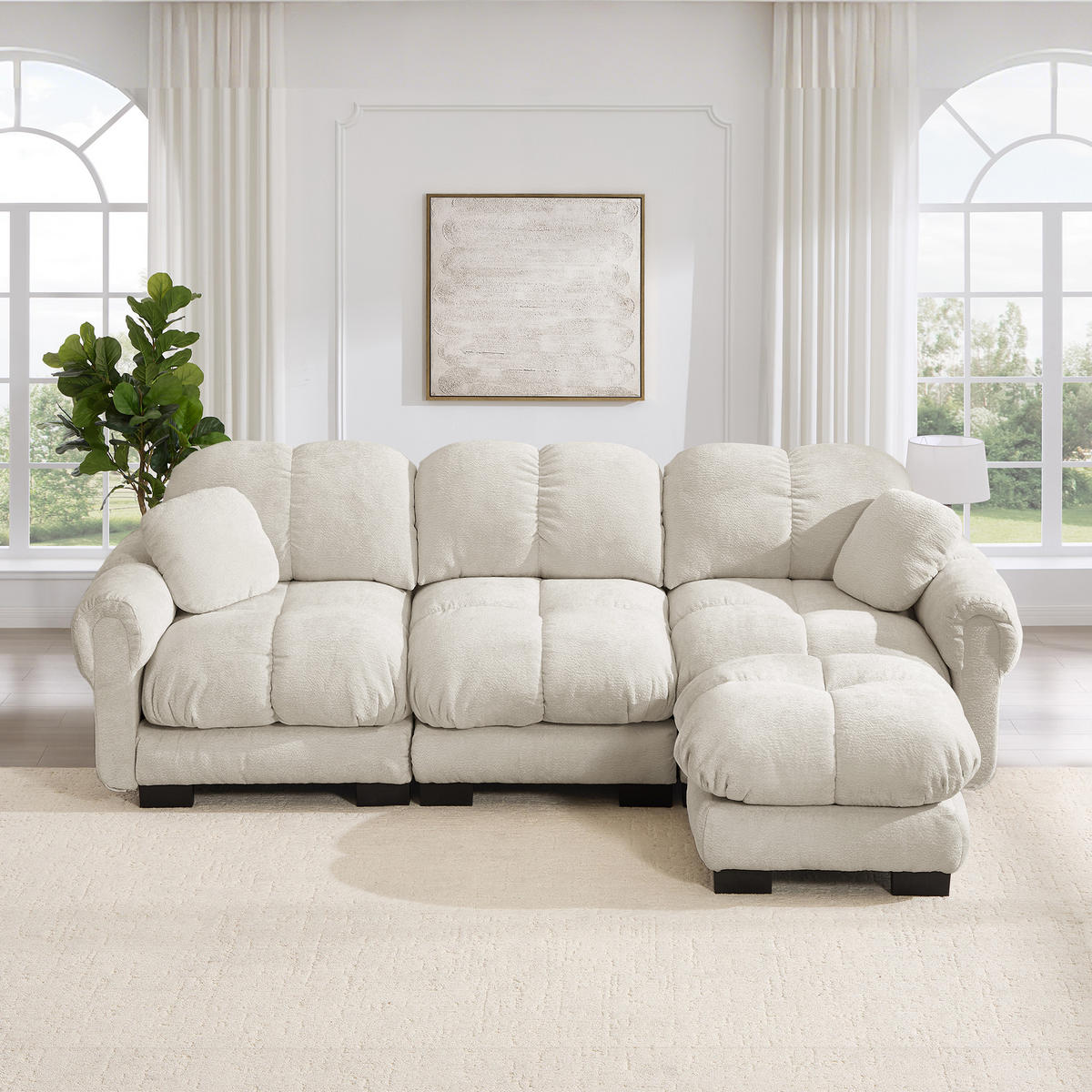 ECKSOFA DE-34384 L-Form mit Ottoman und Steppdesign Hellkhaki - Sandfarben, Textil (149/260cm) - ComfortXL