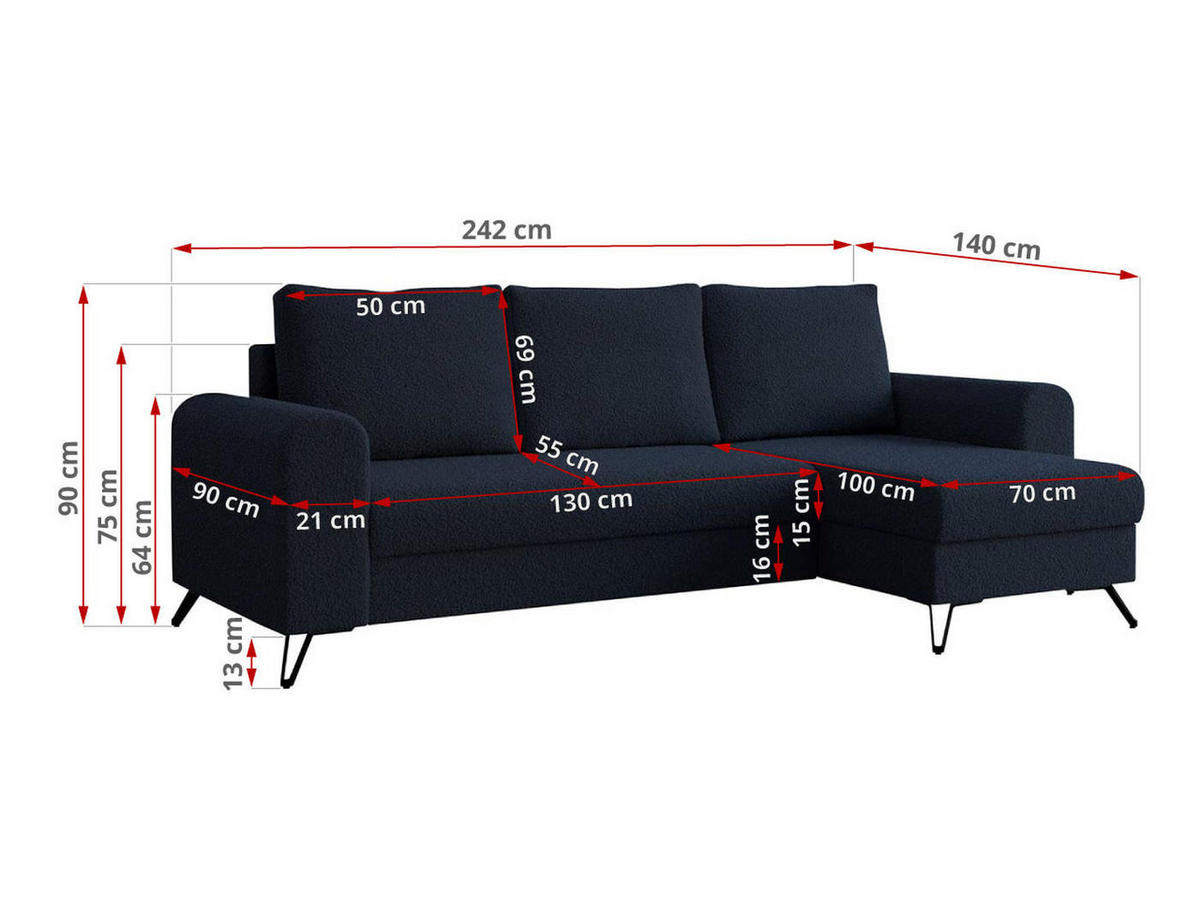 ECKSOFA Hugo Boucle Dunkelblau - Schwarz/Dunkelblau, Textil/Metall (242/140cm) - MKS