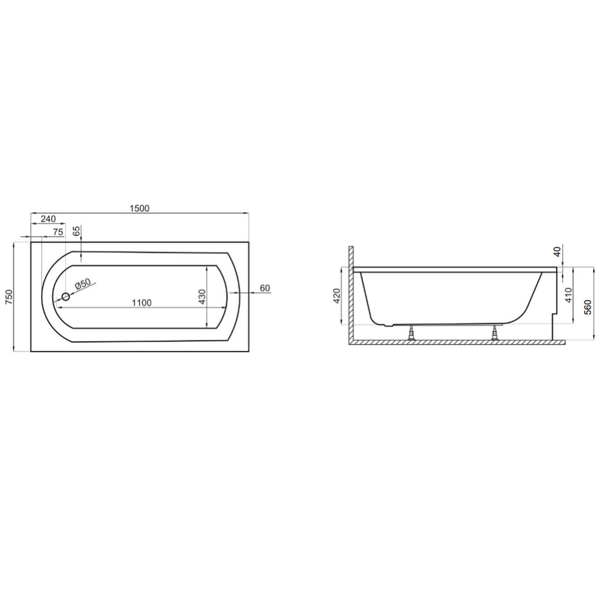 BADEWANNE Rechteck CLASSIC 150/75 Ablauf & Füße - Weiß, Kunststoff (75/56.5/150cm) - bad land