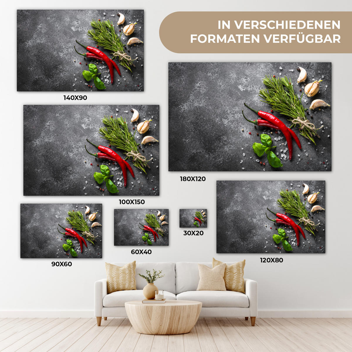 LEINWANDBILD Pfeffer - Kräuter - Gewürze - Beton - Küche 90x60 cm - Dunkelgrau, Textil (90/60cm) - MuchoWow