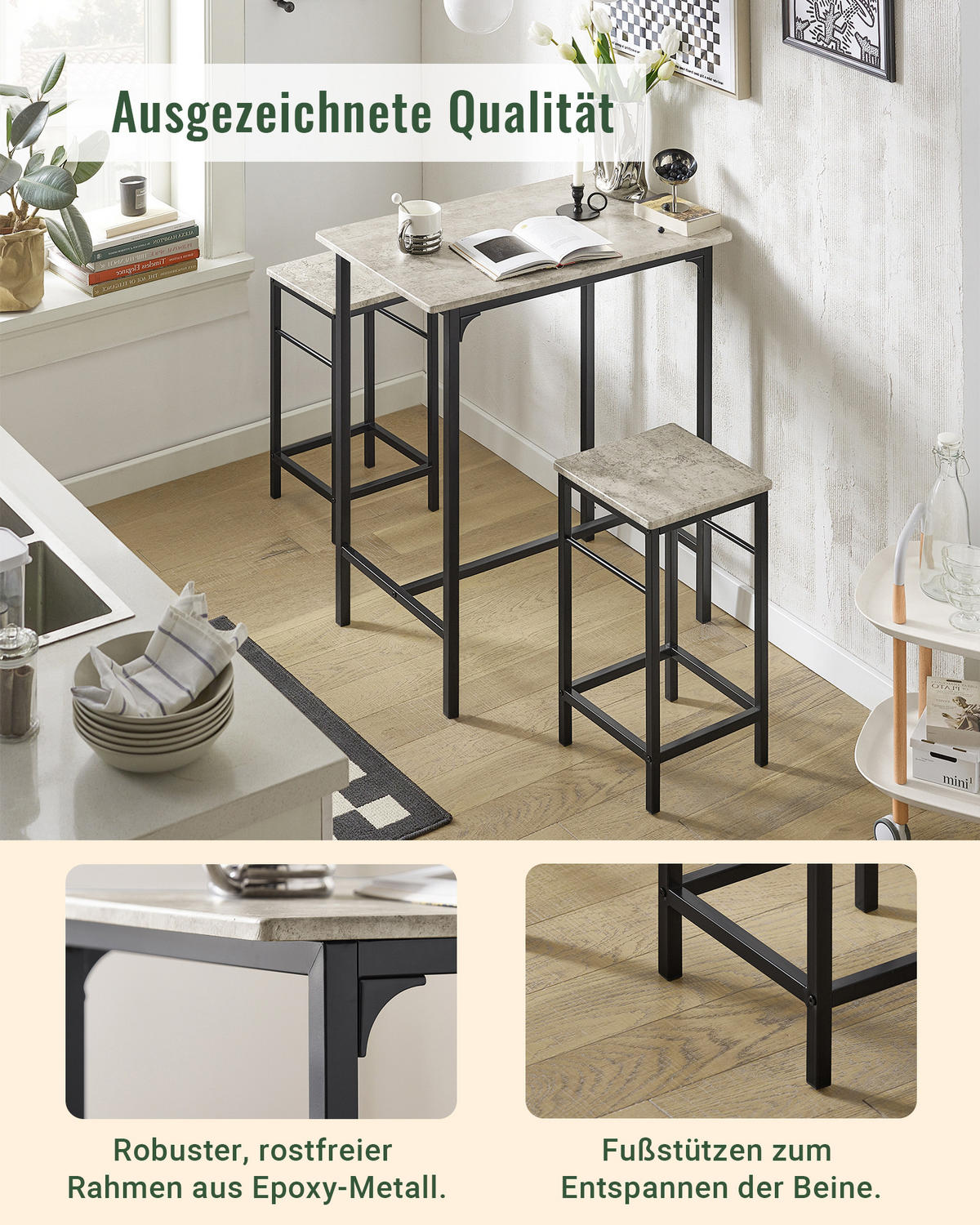 BARTISCH + 2 x BARHOCKER - Grau, Holzwerkstoff (80/88/50cm) - SoBuy