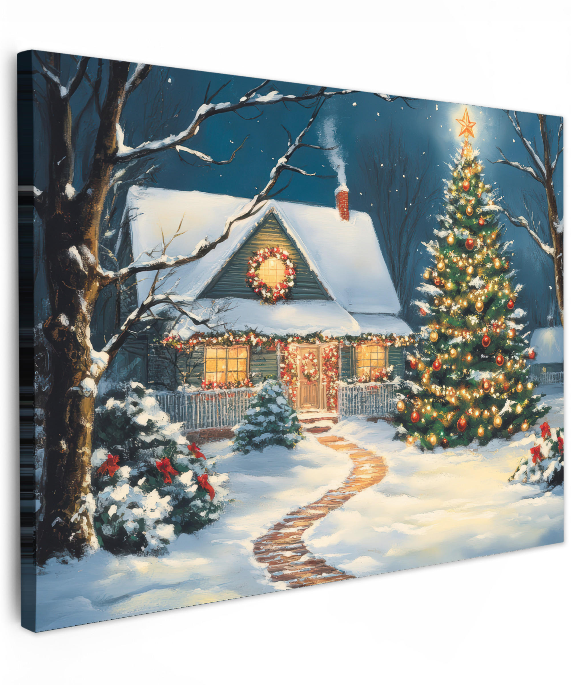 LEINWANDBILD Weihnachten - Weihnachtsbaum - Winter - Zuhause - Schnee Wandbilder 80x60 cm - Smaragdgrün, Textil (80/60cm) - MuchoWow