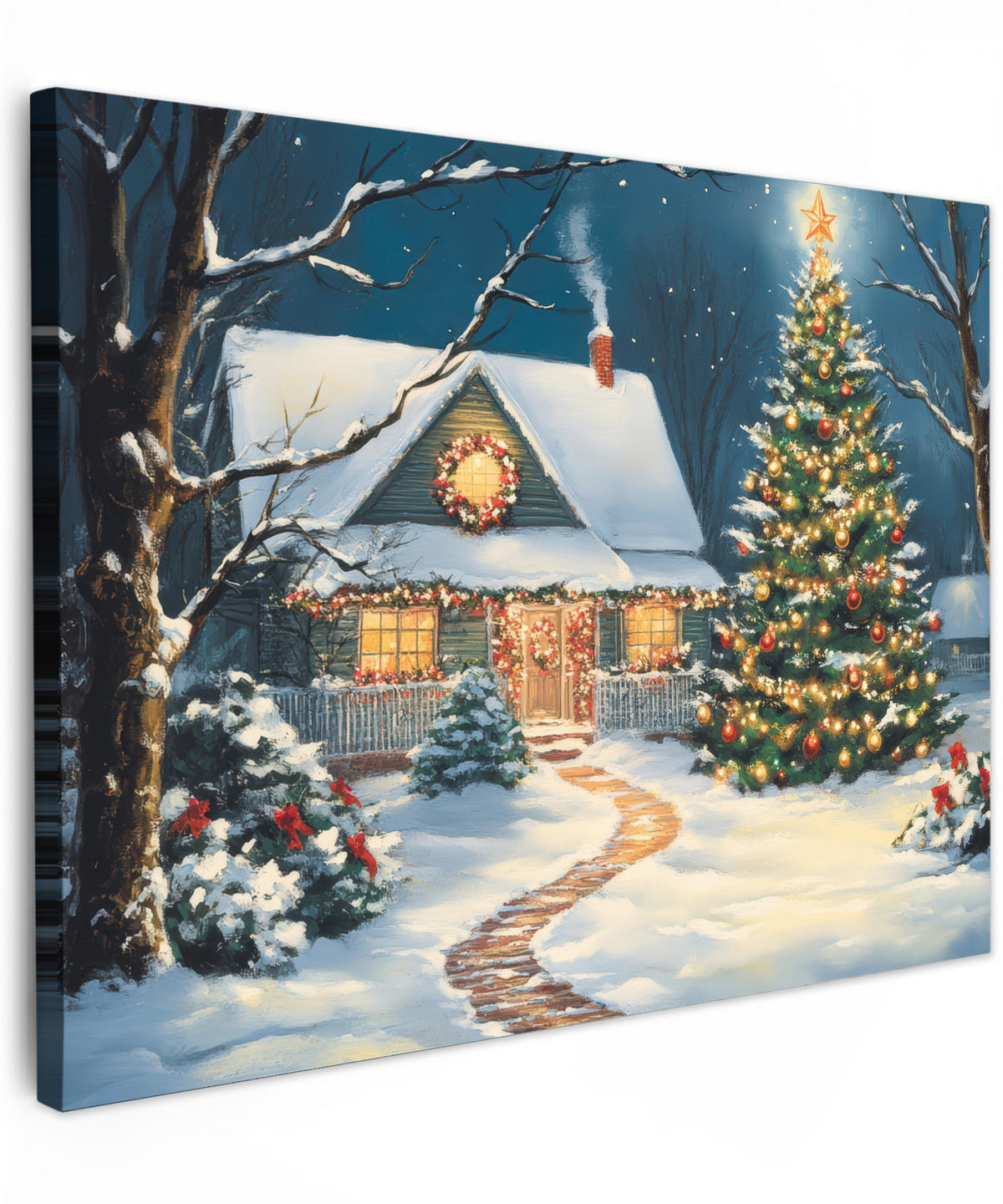 LEINWANDBILD Weihnachten - Weihnachtsbaum - Winter - Zuhause - Schnee Wandbilder 80x60 cm - Smaragdgrün, Textil (80/60cm) - MuchoWow