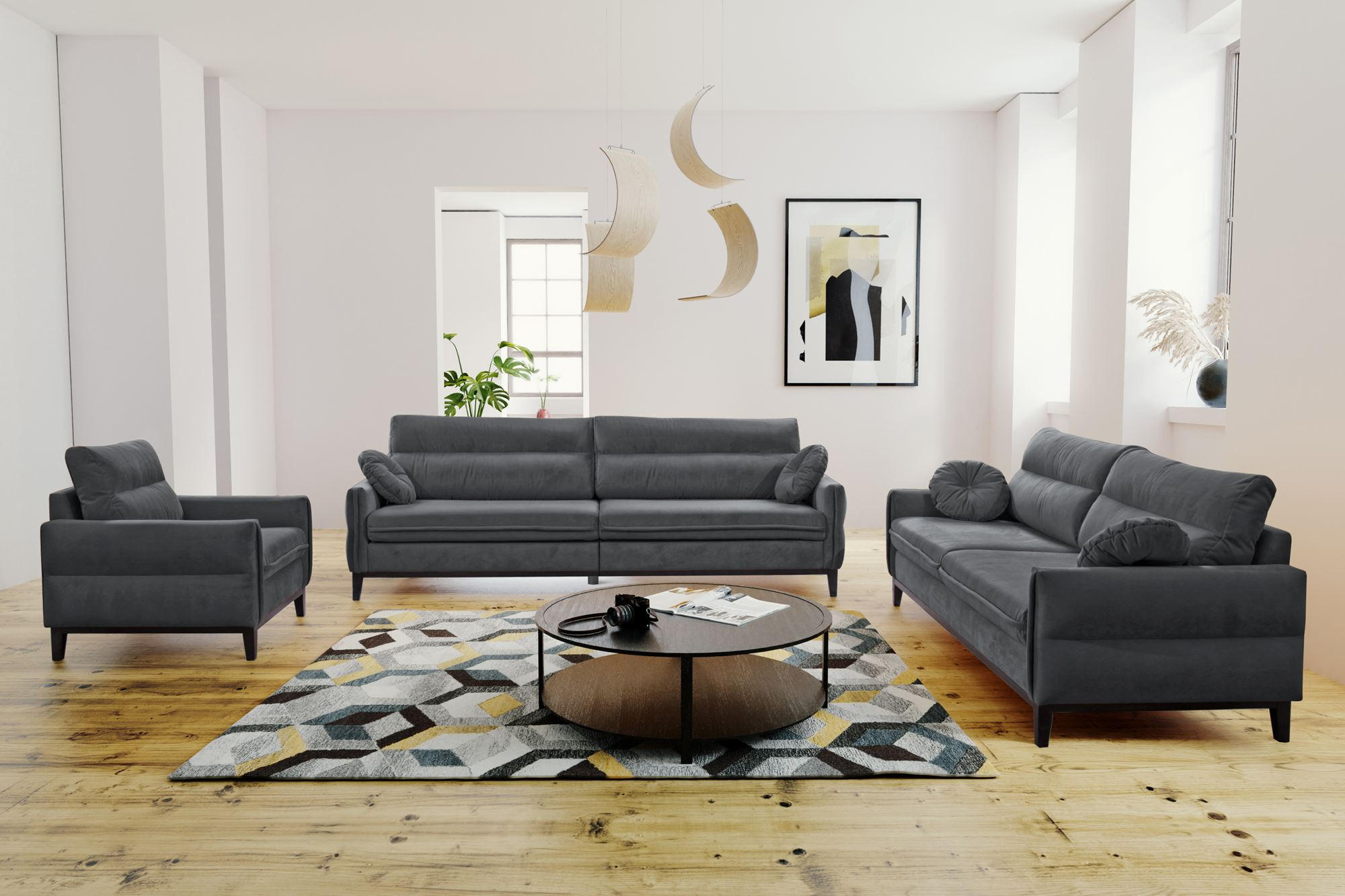 SITZGARNITUR Belweder, zwei Sofas+Sessel, Dunkelgrau, Velours - Wengefarben/Anthrazit, Holz/Textil (268/95/94cm) - Beautysofa