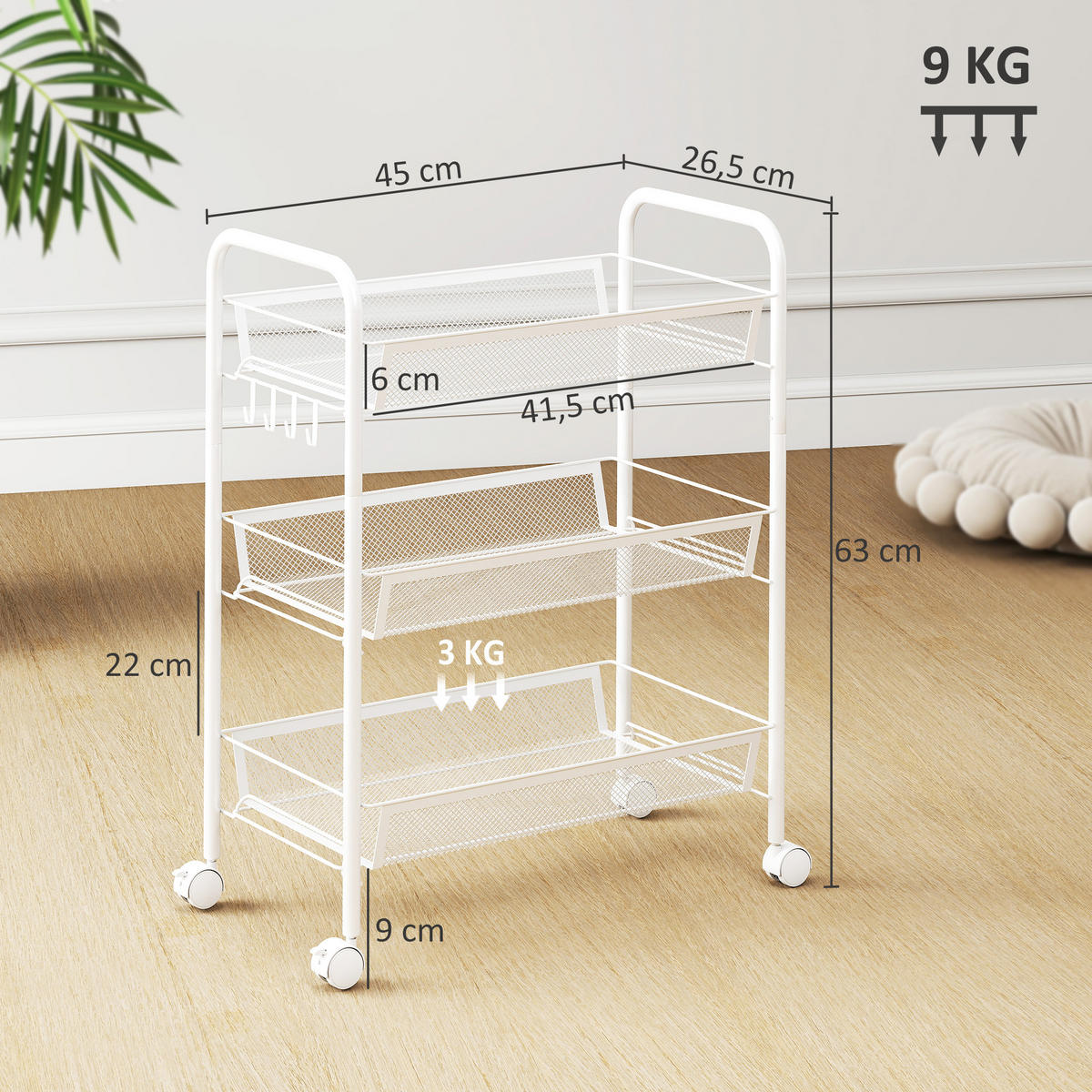 SERVIERWAGEN DE-12537 3 abnehmbare Körbe mit 4 Haken 45/26,5/63 cm Weiß - Weiß, Metall (26.5/63/45cm) - ComfortXL
