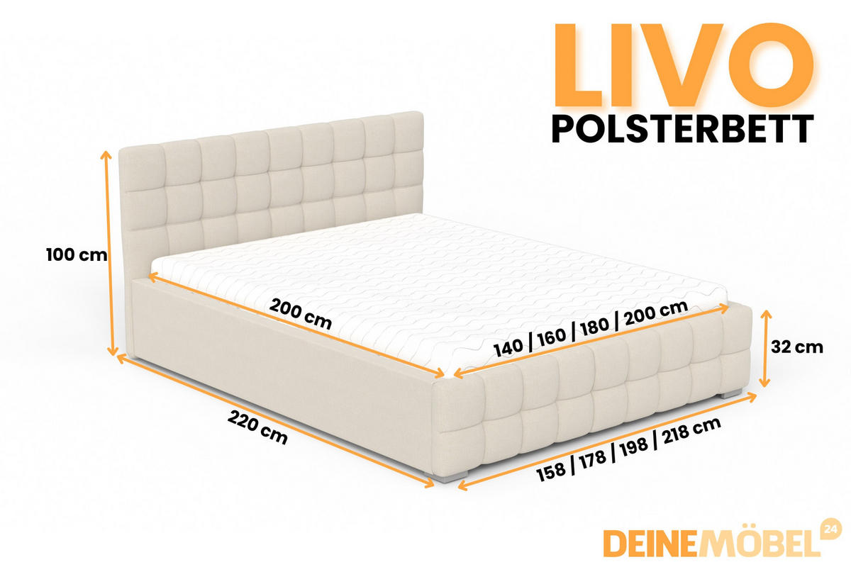 POLSTERBETT LIVO 160/200 in Velours Creme - Creme, Holzwerkstoff/Textil (160/200cm) - Deine Möbel 24