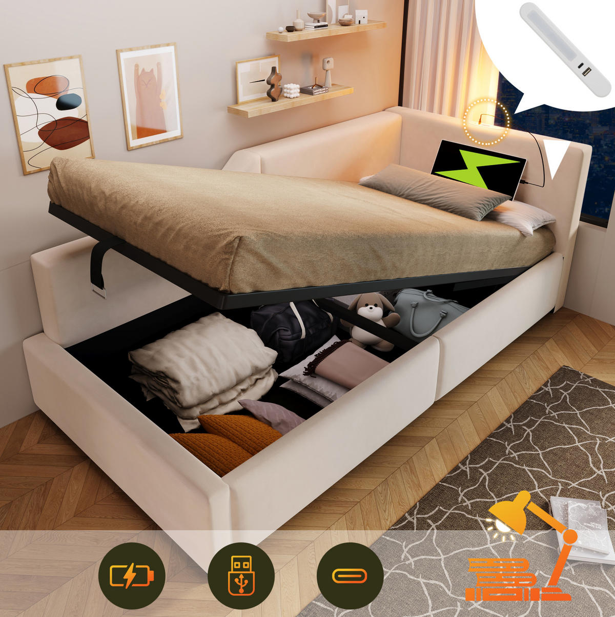 POLSTERBETT 90/200 cm in Beige mit Stauraum, Leselampe und USB- und Type-C-Anschlüssen - Beige, Textil (90/200cm) - Flora Grace
