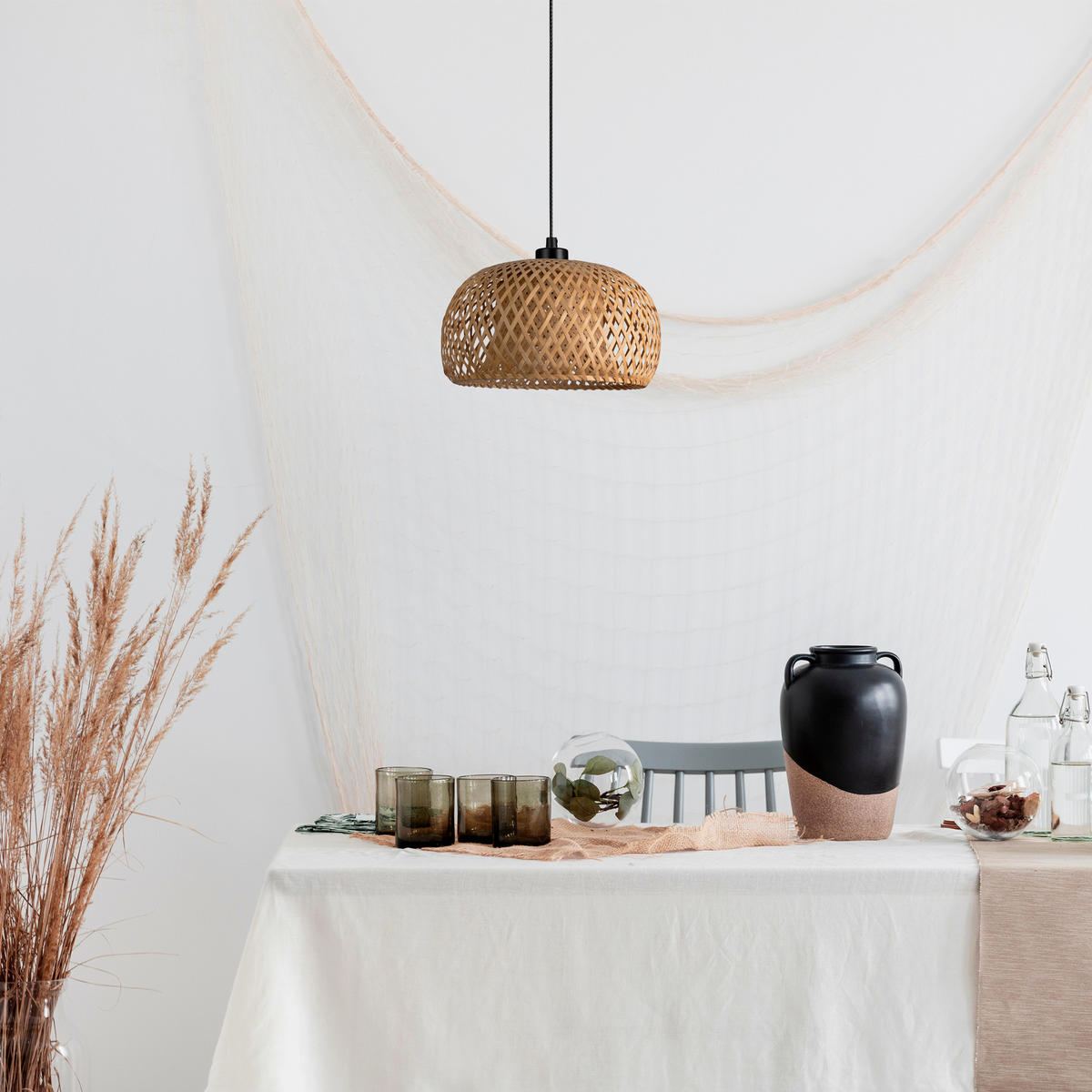 PENDELLEUCHTE Pesa S - Beige/Schwarz, Holz (30/30/16cm) - Paco Home