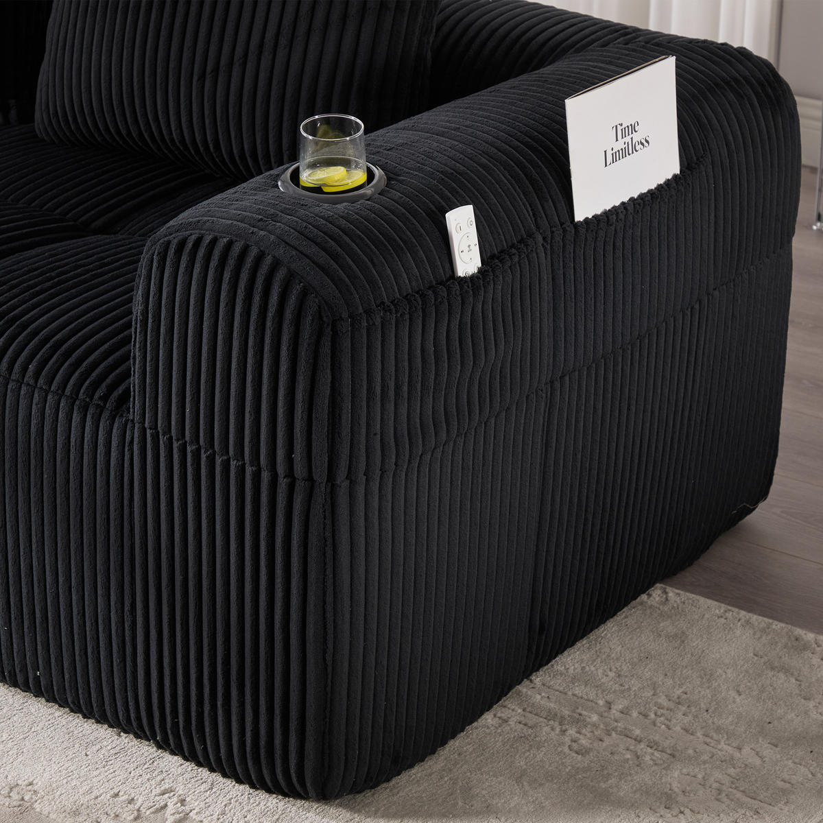 ECKSOFA Cord Schwarz mit Becherhaltern, Seitentaschen und mit Kissen - Schwarz, Textil (253/158cm) - WISHDOR