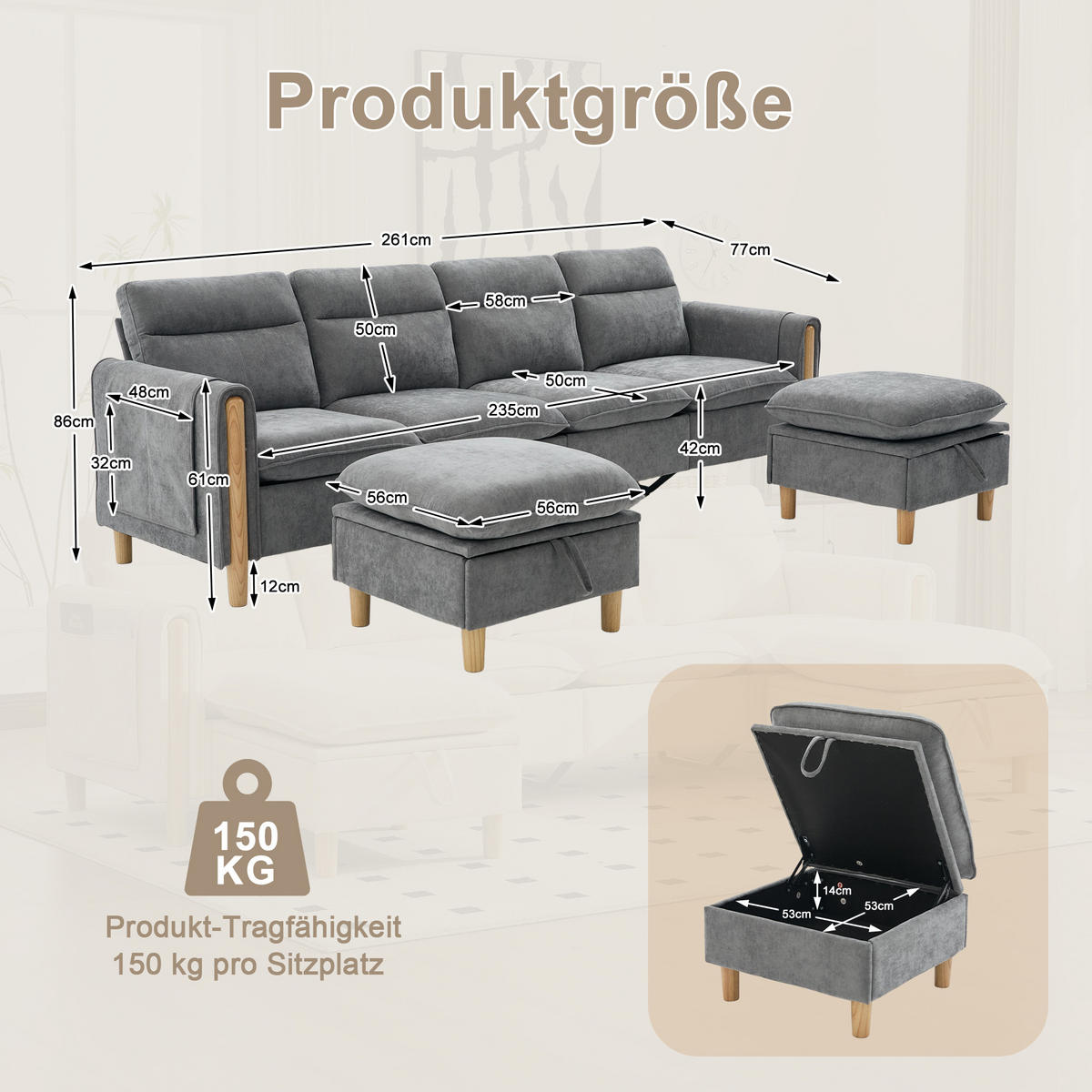 WOHNLANDSCHAFT DE-33935 modular mit Stauraumhockern Grau - Hellgrau, Holz (77/86/261cm) - ComfortXL