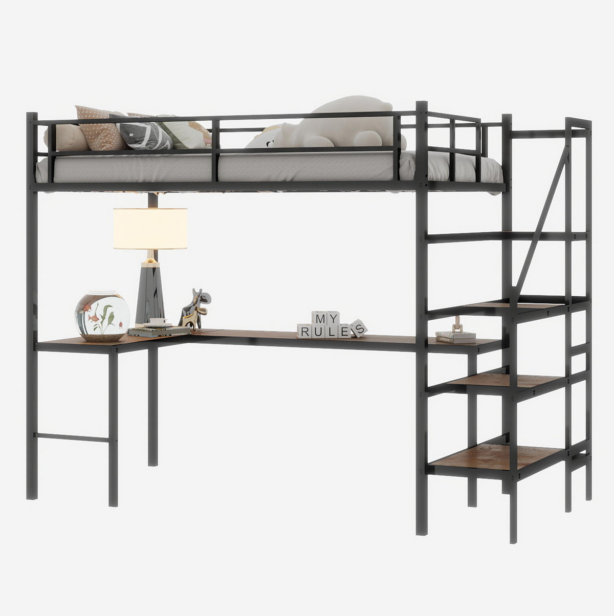 HOCHBETT 90/200 cm aus Metall mit L-förmigem Schreibtisch, Treppe mit Stauraum und Rundum-Geländer, Schwarz - Schwarz, Metall (90/200cm) - Redom