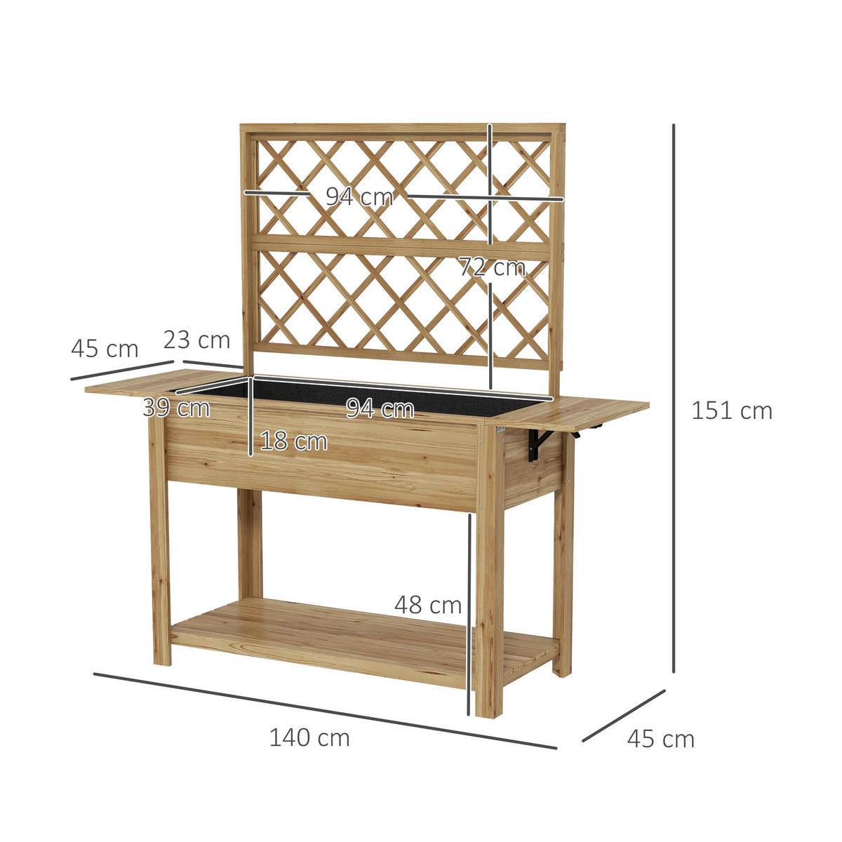 HOCHBEET DE-15996 140/45/151 cm, mit Spalier und Klapptischen Holz - Naturfarben, Holzwerkstoff (140/151/45cm) - ComfortXL