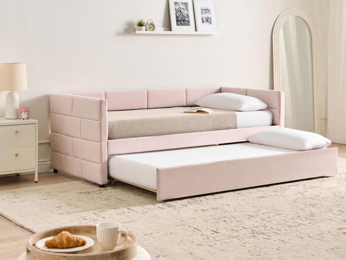 VYSOUVACÍ POSTEL Sametová látka 90/200 cm Růžová Chavonne - růžová, textil (90/200cm) - Beliani