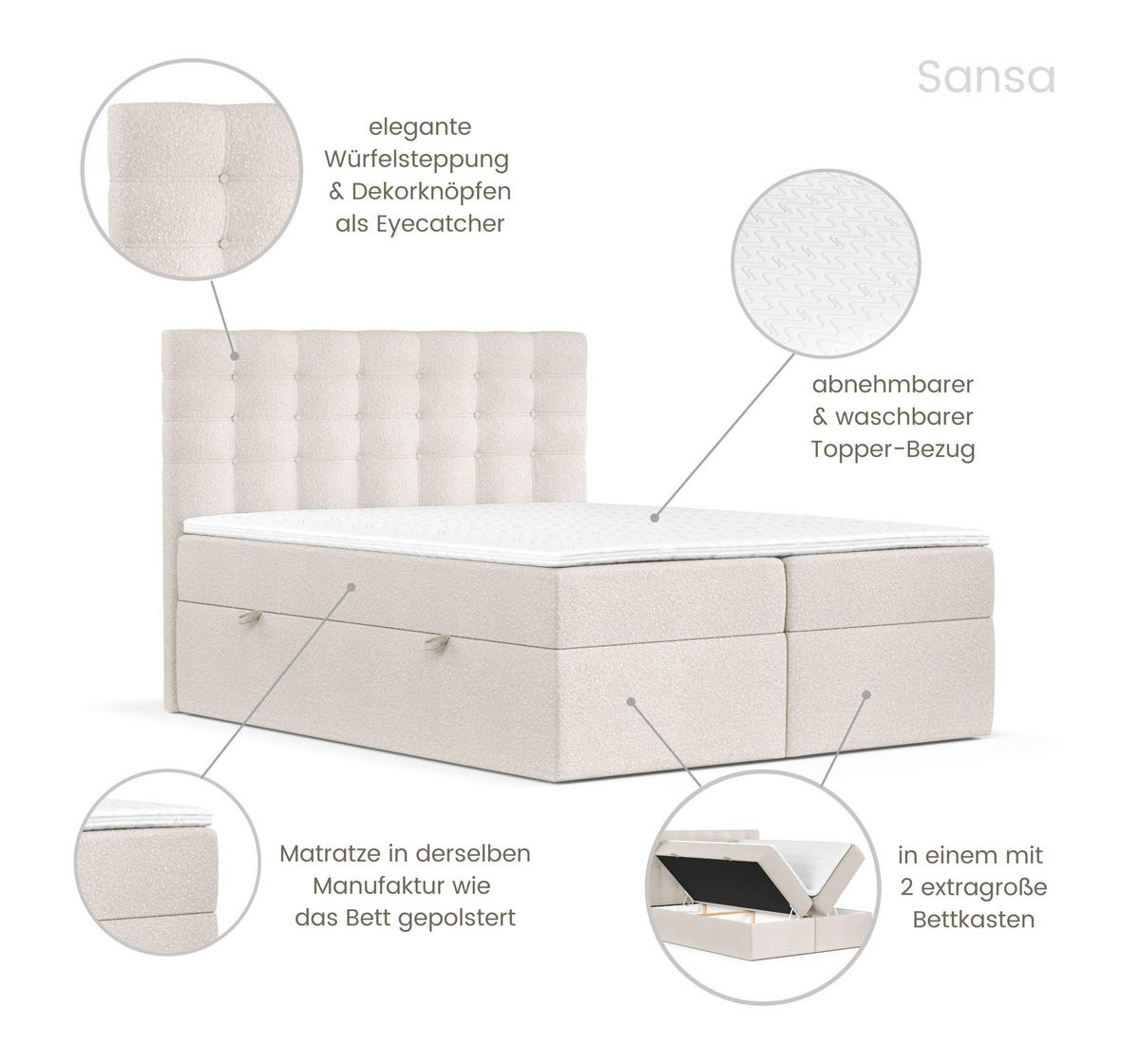 BOXBETT Sansa Beige 120/200 cm mit Taschenmatratze und Topper - Beige/Schwarz, Holz/Holzwerkstoff (120/200cm) - Maison de Reve
