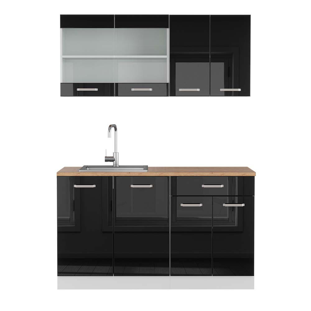 KÜCHENZEILE R-Line Schwarz Hochglanz/Weiß 140 cm, AP Eiche - Schwarz Hochglanz/Weiß, Holzwerkstoff (140/81.6/60cm) - Vicco
