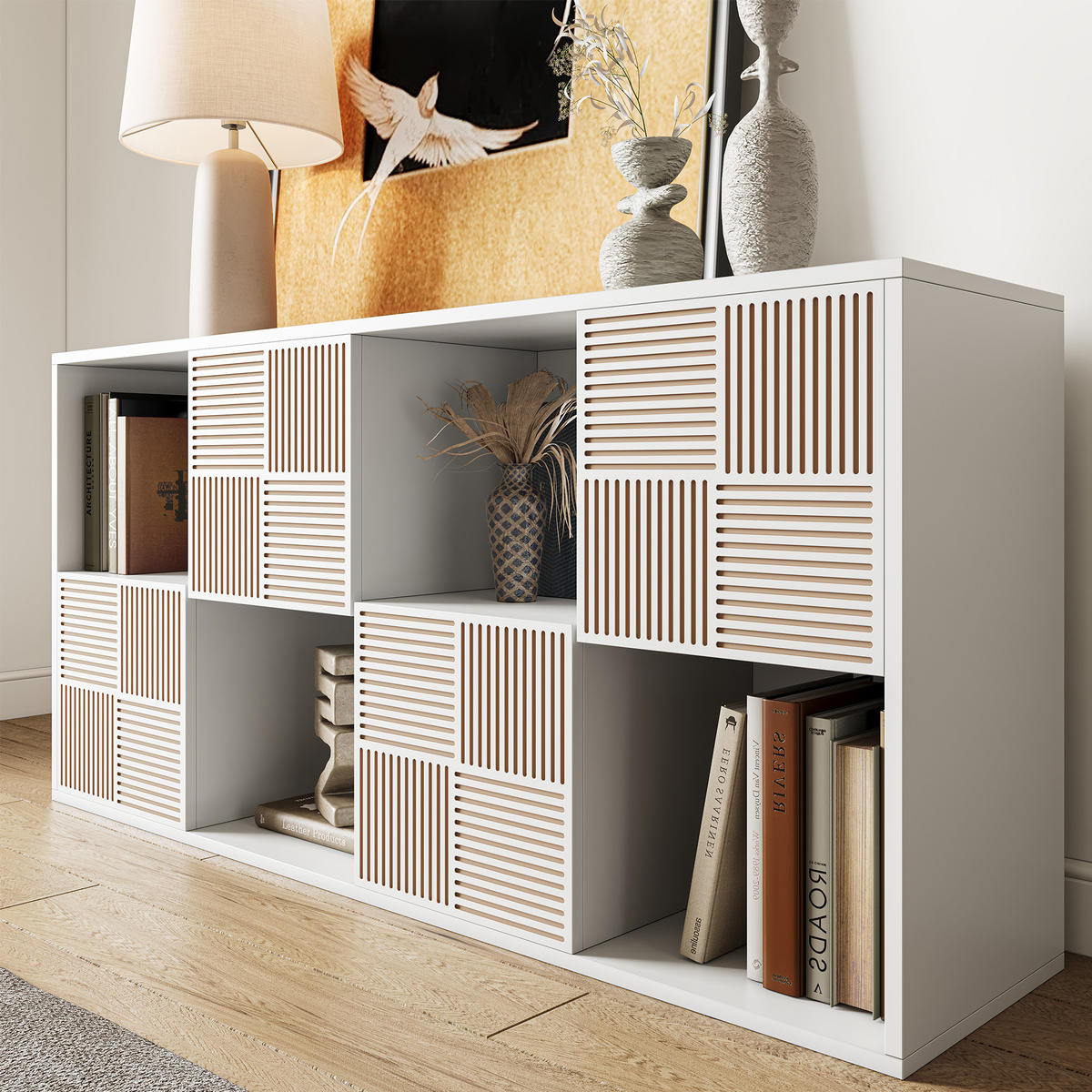 BÜCHERREGAL 125x30x60 cm Holz Lamellen Design Sideboard Aufbewahrung, Weiß - Weiß, Holz (60/125/30cm)