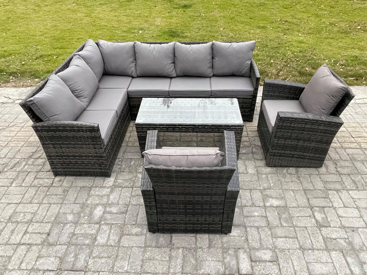 SITZGRUPPE mit Ecksofa,Länglicher Couchtisch,2 Sessel Polyrattan 8-Sitzer - Dunkelgrau/Grau, Glas/Kunststoff - Fimous