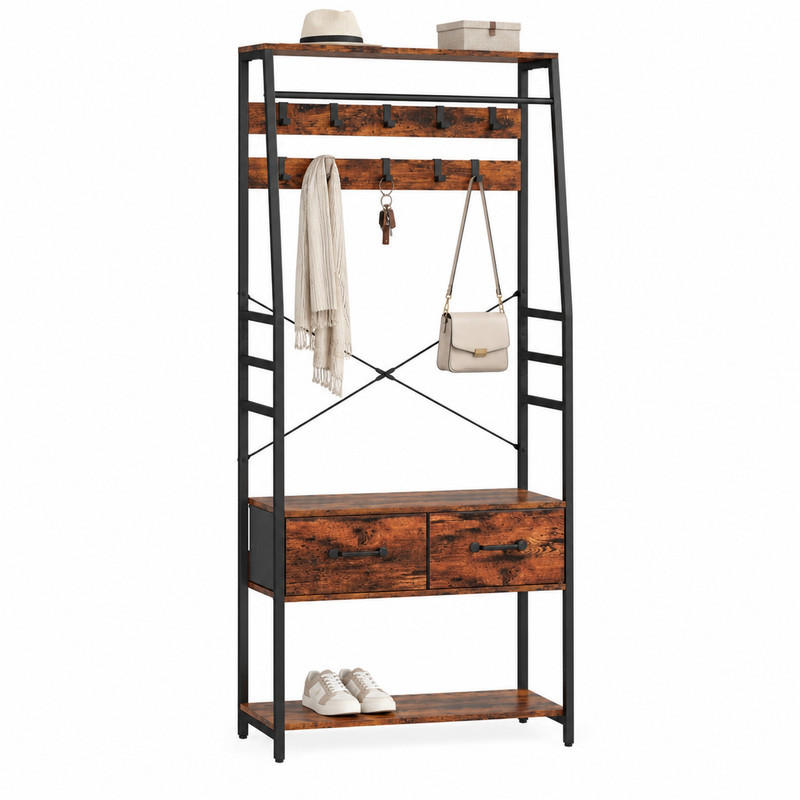 GARDEROBE mit Schuhbank 80 x 30 x 180 cm Holzoptik Braun 2 Stoffschubladen - Braun, Holzwerkstoff (30/180/80cm) - Beauniv