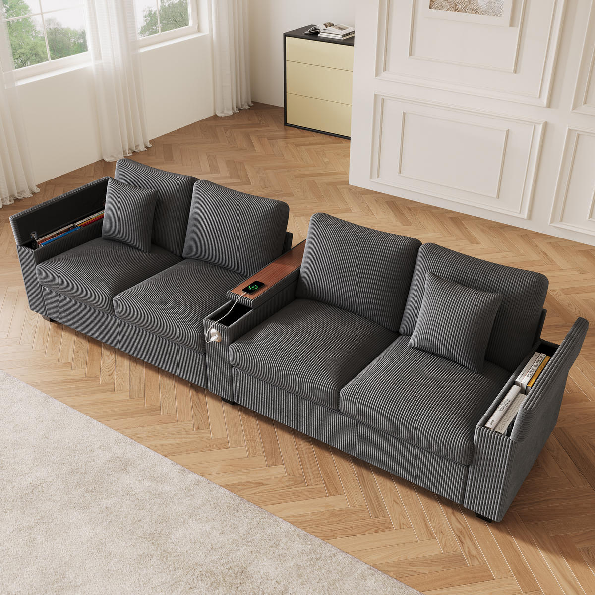SOFA 4-Sitzer Cord Grau mit USB, USB-C und Stauraum - Grau, Holzwerkstoff/Kunststoff (299/82.7/80cm) - WISHDOR