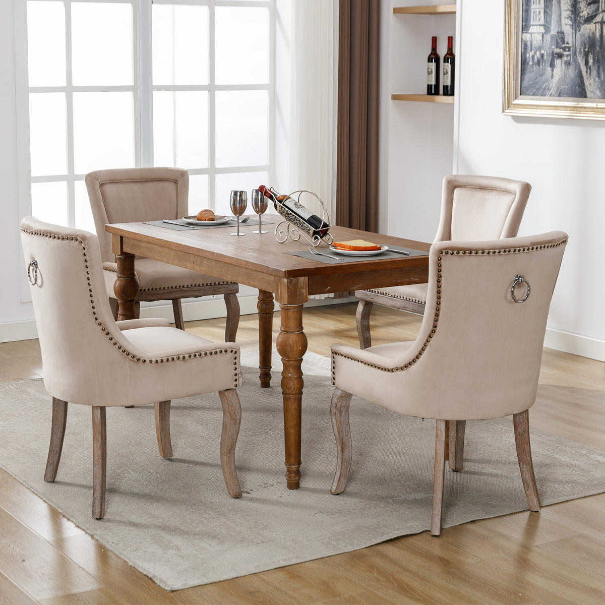 STUHL-SET DE-35921 4 Stück mit Nagelkopfbesatz Beige - Beige, Holz (61/91/55cm) - ComfortXL
