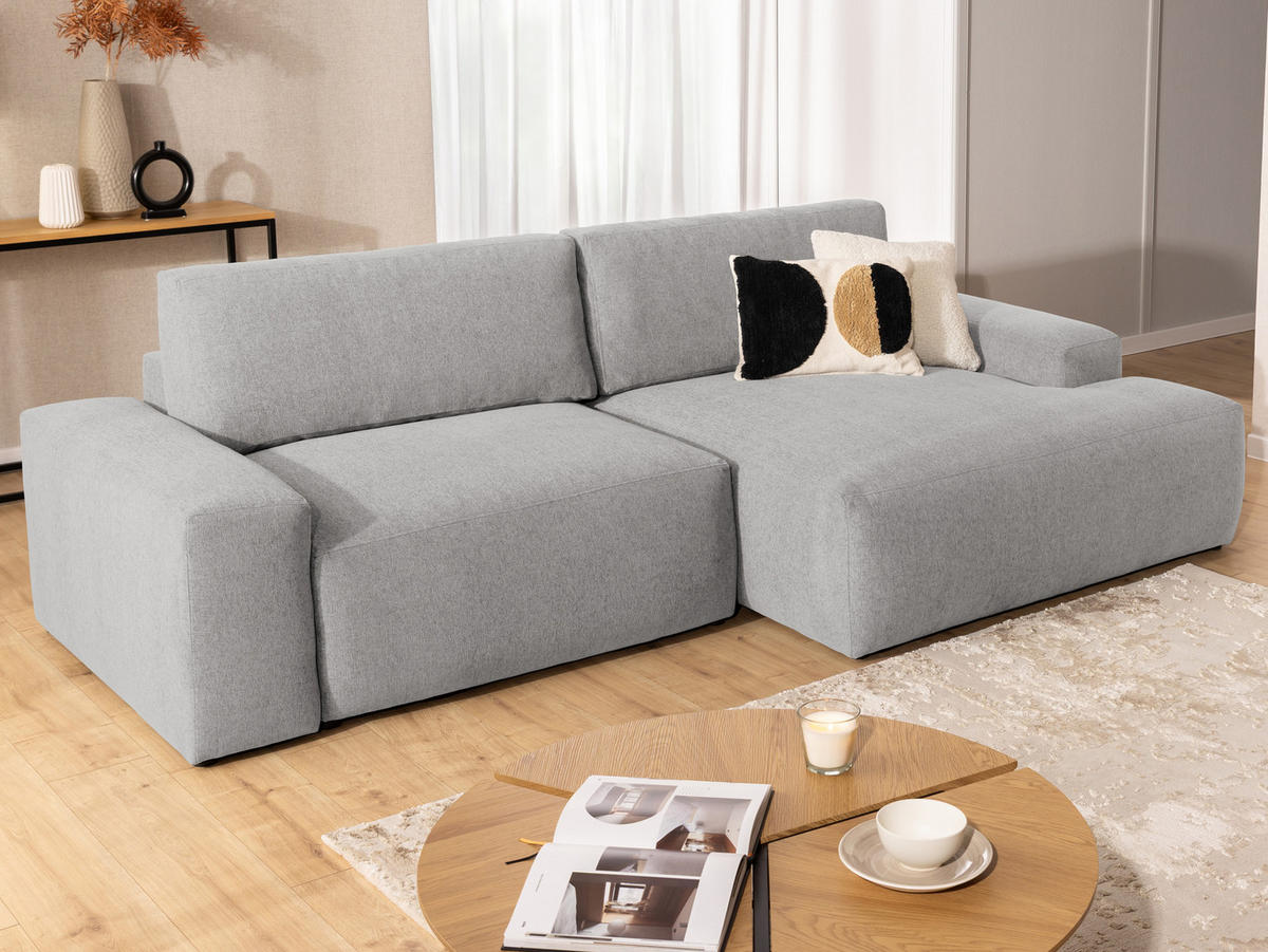 ECKSOFA Lennon aus Hellgrau Strukturstoff mit Schlaffunktion und Bettkasten - Hellgrau/Schwarz, Holz/Kunststoff (264/137cm) - S-Style