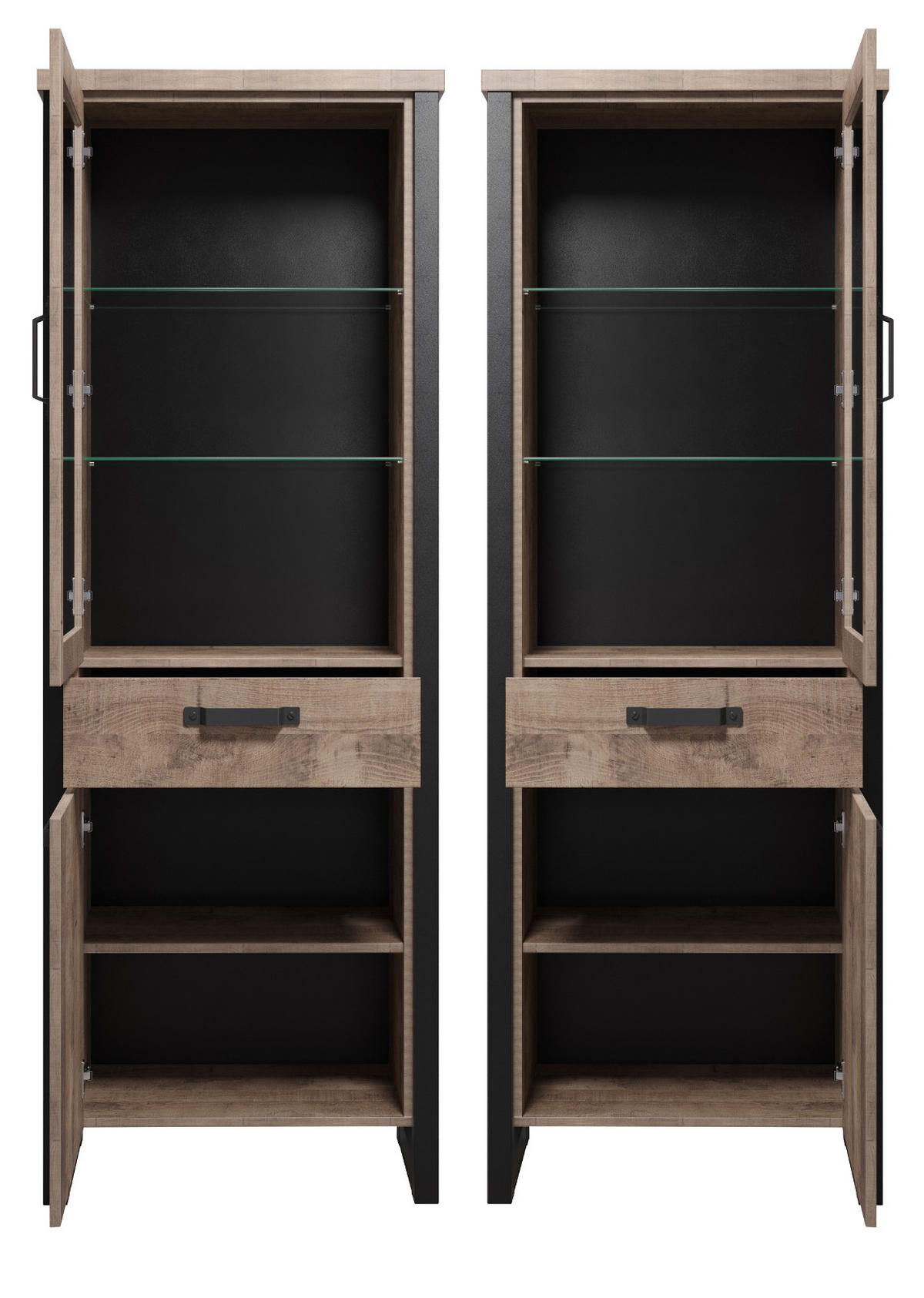 VITRINE Eiche Tabak, schwarz 70 x 195 cm, Vitrinenschrank für Wohn- und Esszimmer - Eichefarben/Schwarz, Glas/Holzwerkstoff (70/195/45cm) - Top.Furn