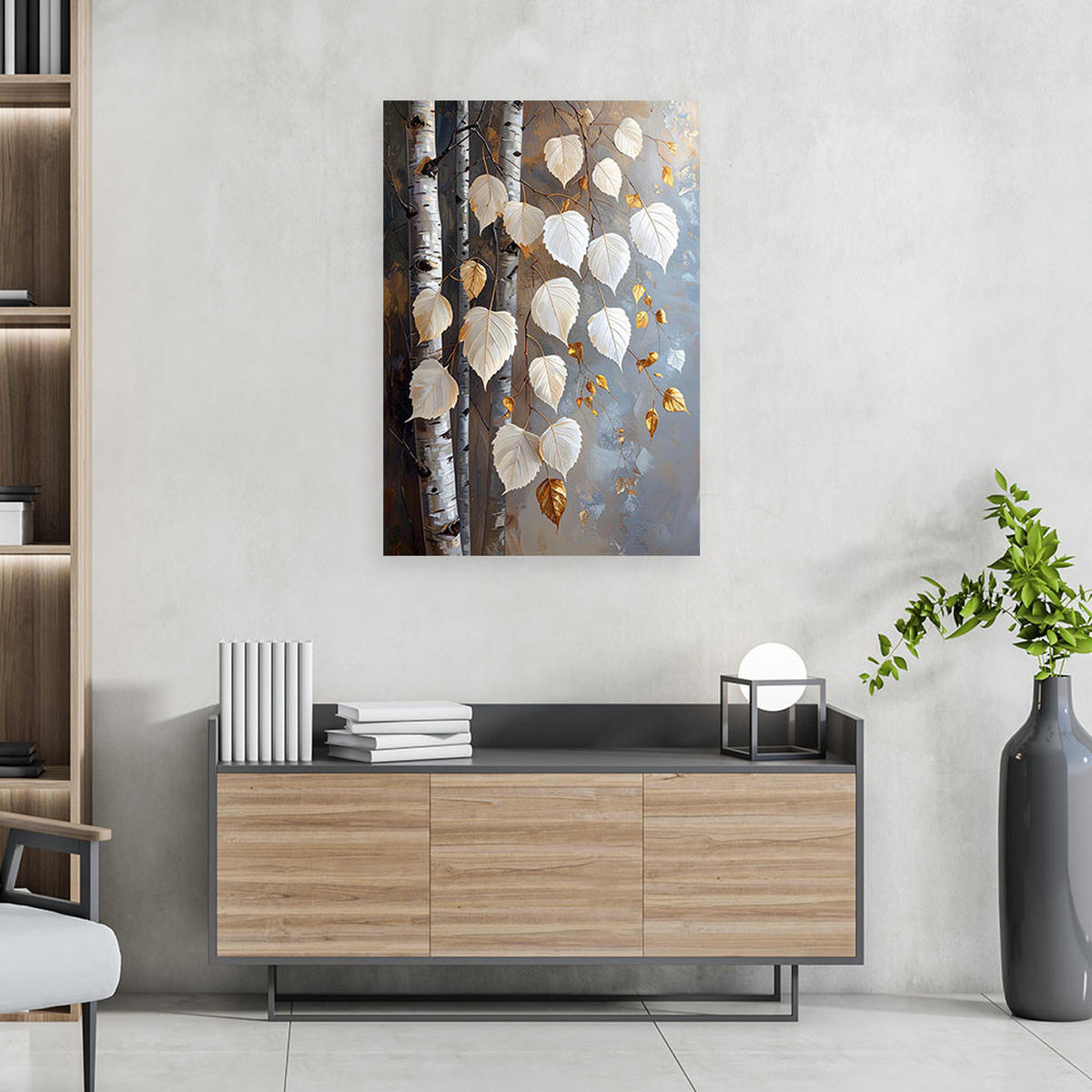 WANDBILD, Birkenblätter weiß-grau - Grau, Textil (80/120cm) - Feeby