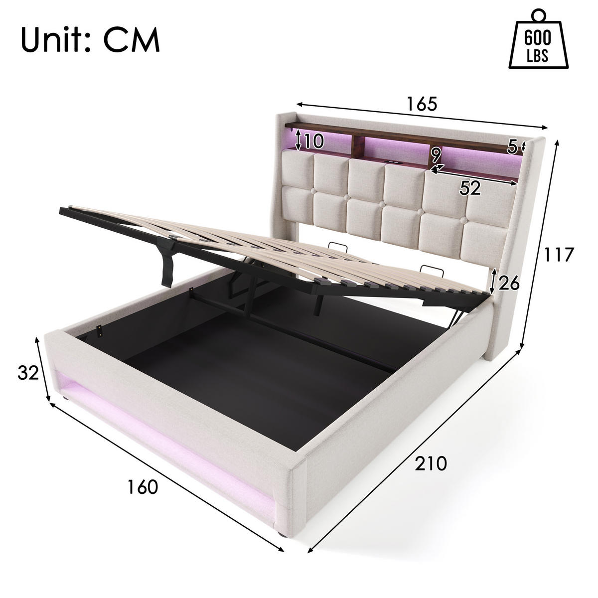 POLSTERBETT 160/200 cm Beige aus Leinenmaterial mit LED und USB - Beige, Textil (160/200cm) - OKMYHOME