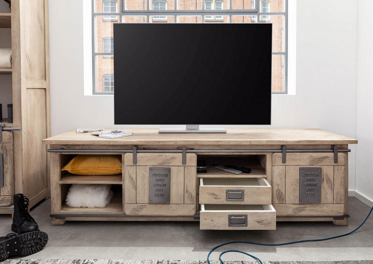 TV-BOARD Mango 200x55x55 whitewash lackiert RAILWAY #348 - Beige, Holz (200/55/55cm) - Massivmoebel24