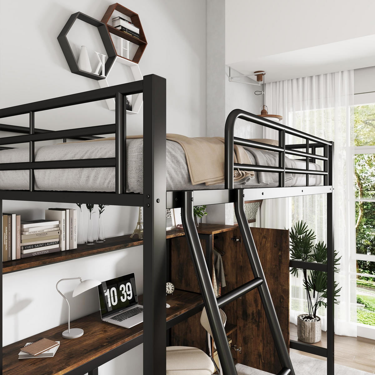 HOCHBETT Mit Bücherregalen, Schreibtisch und Kleiderschrank Schwarz - Schwarz, Holzwerkstoff/Metall - Urban Meuble