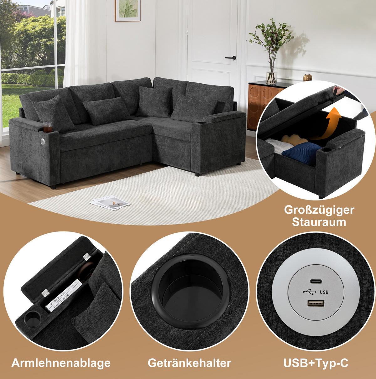 ECKSOFA 206,5/141/86 cm dunkelgrau aus Chenille mit Schlaffunktion - Dunkelgrau, Textil (141/206.5cm) - OKWISH