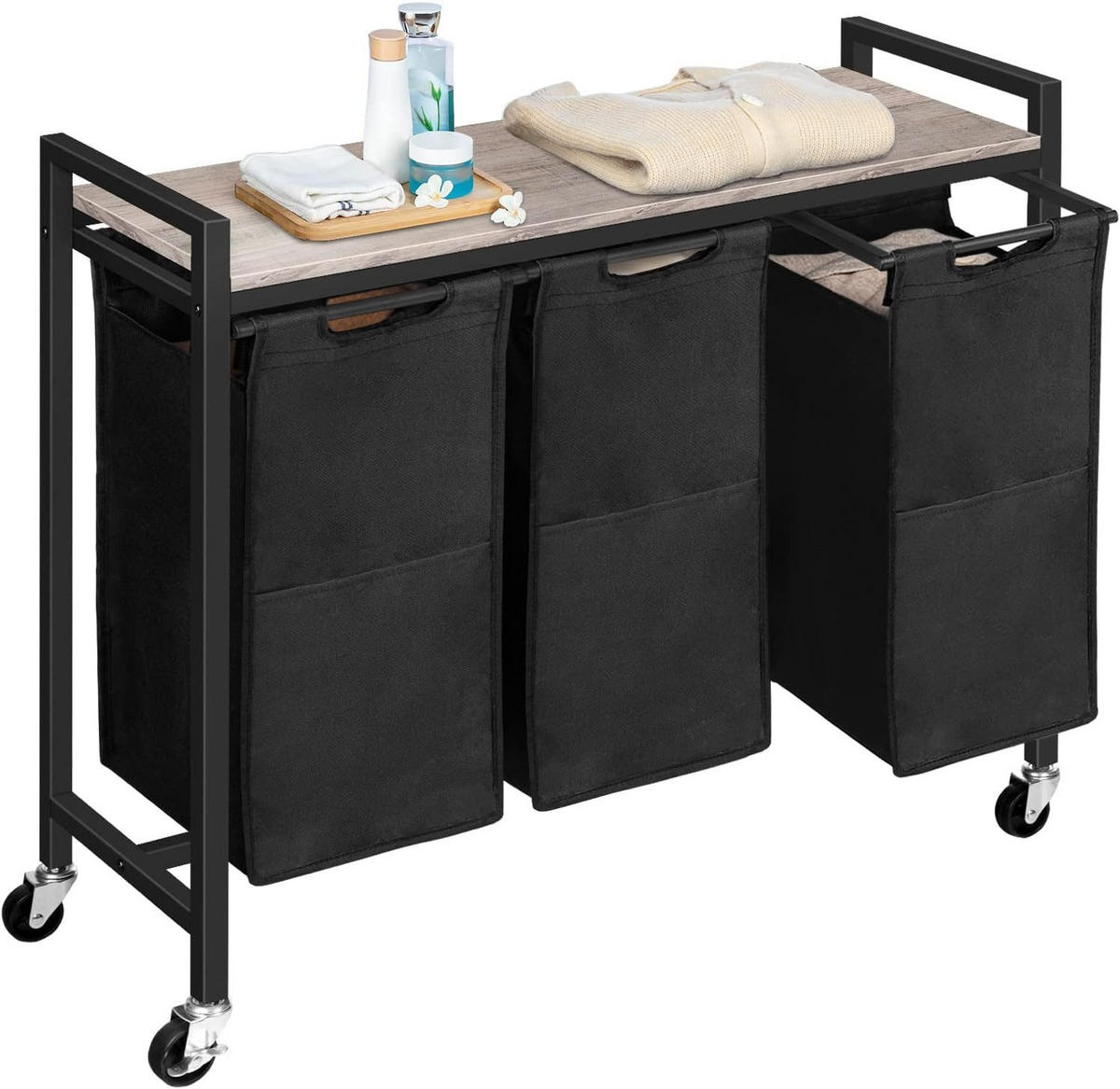 WÄSCHESAMMLER Braun 3 Fächer mit Ablage - Greige/Schwarz, Holzwerkstoff (33/75/84cm) - Hoobro