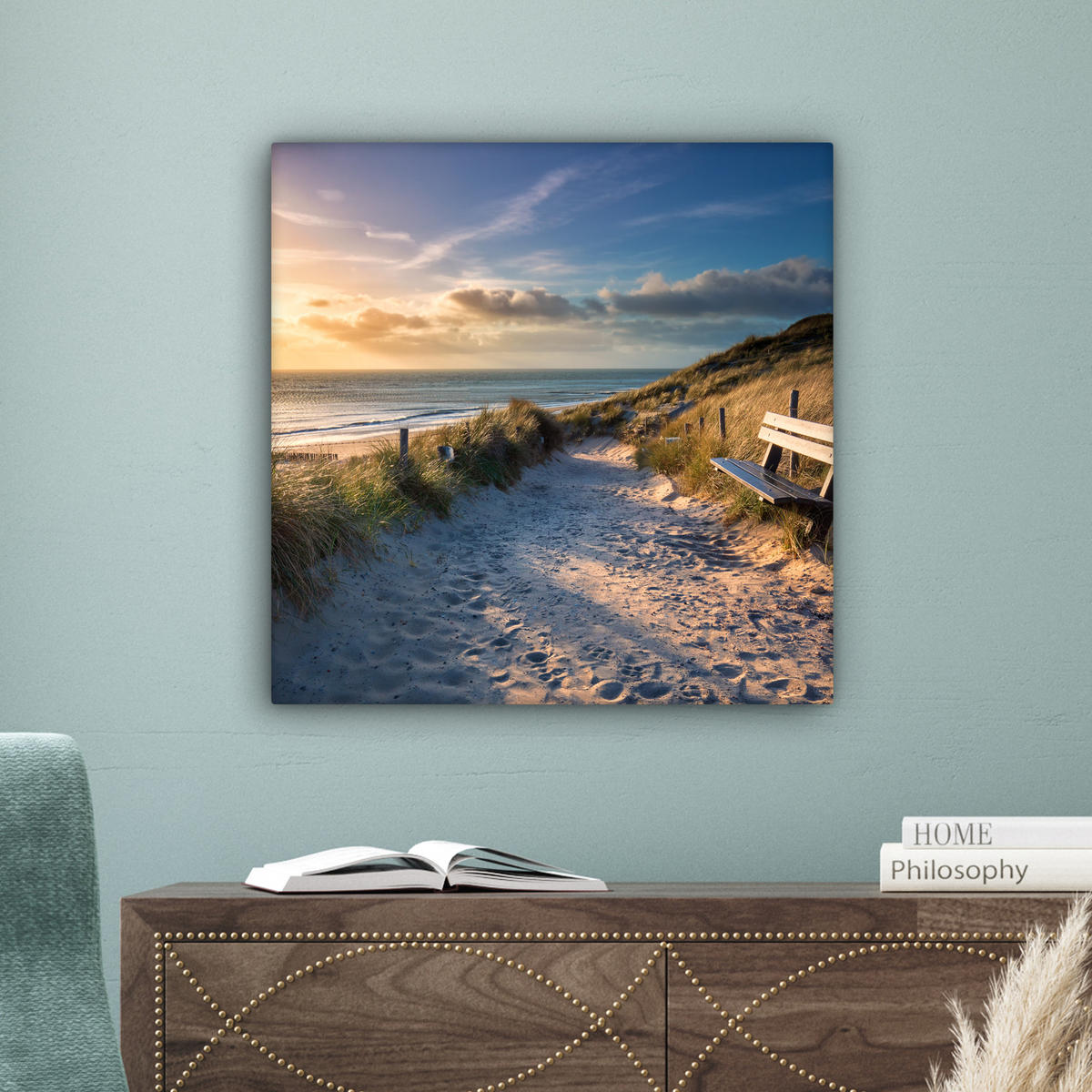 LEINWANDBILD - Sonnenuntergang - Strand - Düne - Gras - Ufer - 50x50 - Room Decor - Sandfarben, Textil (50/50cm) - MuchoWow