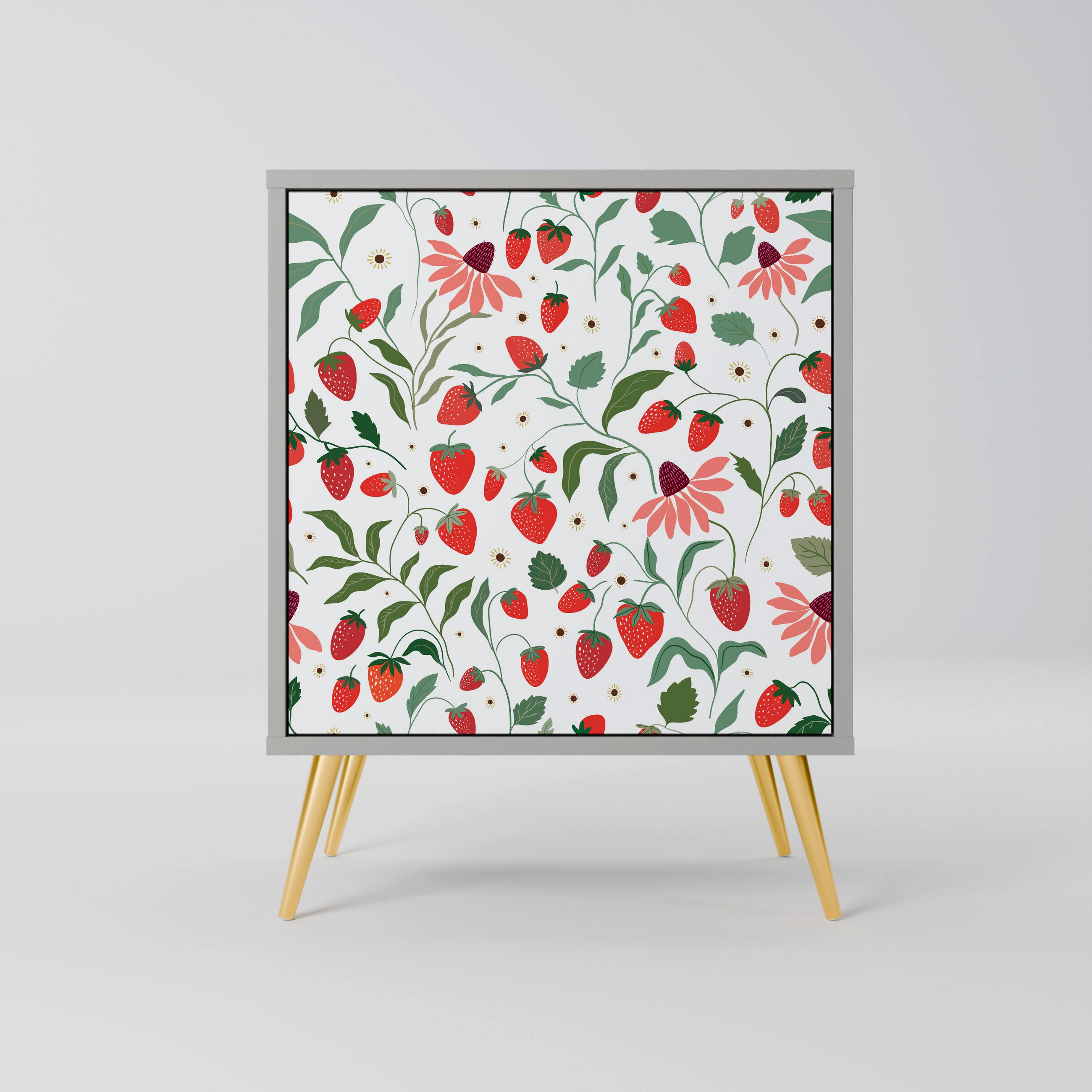 SIDEBOARD FLOWERS AND STRAWBERRIES, Grau, 57,5x42x75,5 cm, Goldfarbene Metallfüße - Goldfarben/Multicolor, Holzwerkstoff/Metall (57.5/75.5/42cm) - SpaceRebels
