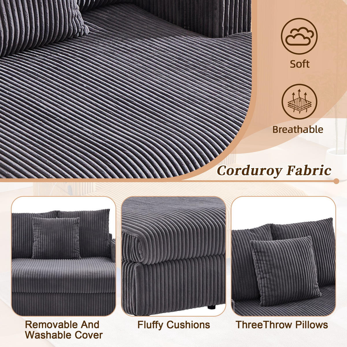 RELAXLIEGE XXL Polsterliege,Relaxsessel,3 Zierkissen,Cord,Grau - Grau, Textil (128/85/142cm) - LVHOM
