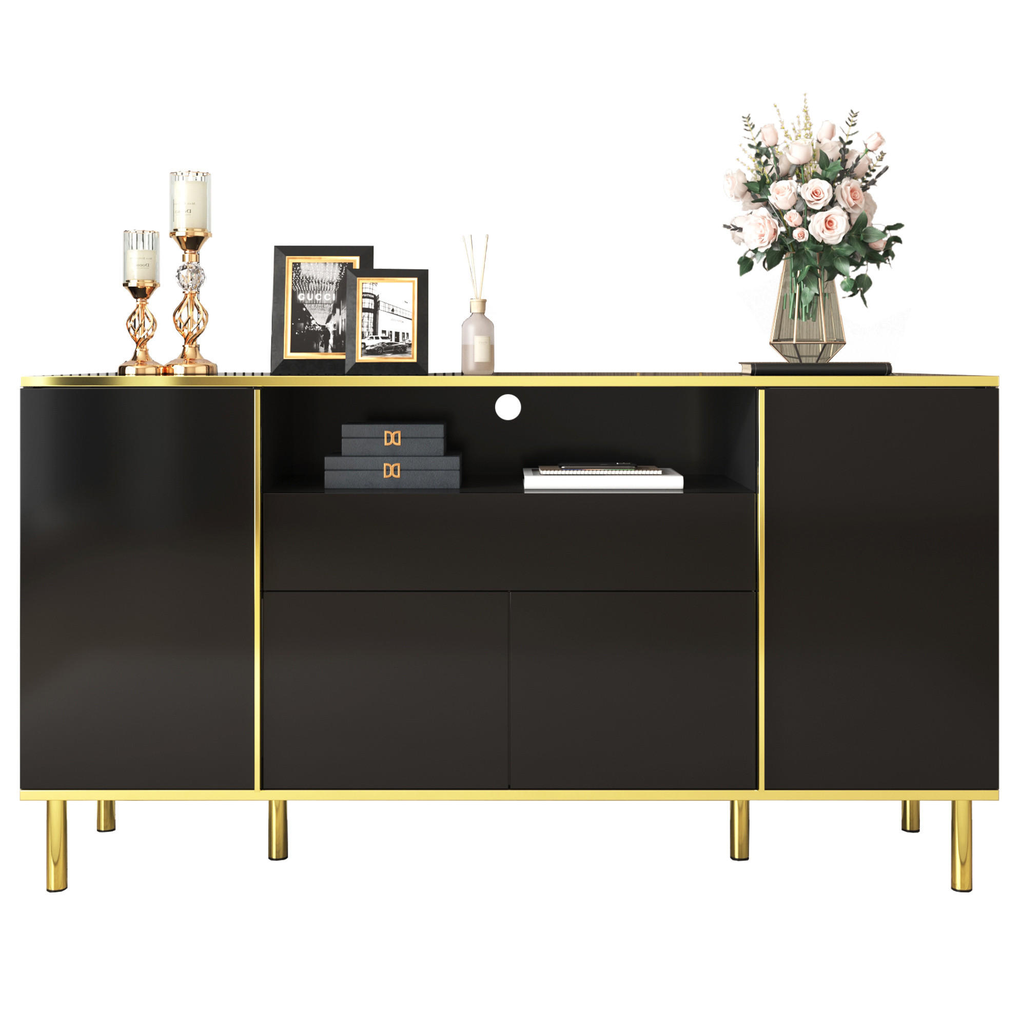 SIDEBOARD Hochglanz 150 x 40 x 80 cm Schwarz mit LED - Schwarz, Holzwerkstoff (150/80/40cm) - Meubliv