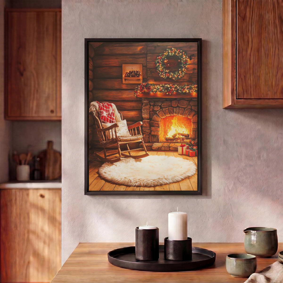 LEINWAND Bilder mit Rahmen - Winter - Weihnachten - Zuhause - Kamin - 30x40 - Bernsteinfarben, Textil (30/40cm) - MuchoWow
