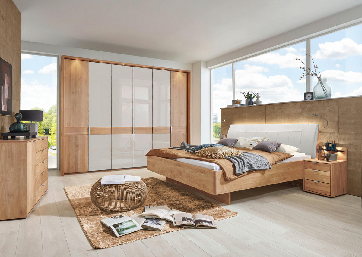 SCHLAFZIMMER Arden mit teilmassiver Erle und Weißglas 4-teilig mit Drehtürenschrank, Doppelbett 180x200cm, zwei Nachttische - Braun, Holzwerkstoff (80/200/120cm)