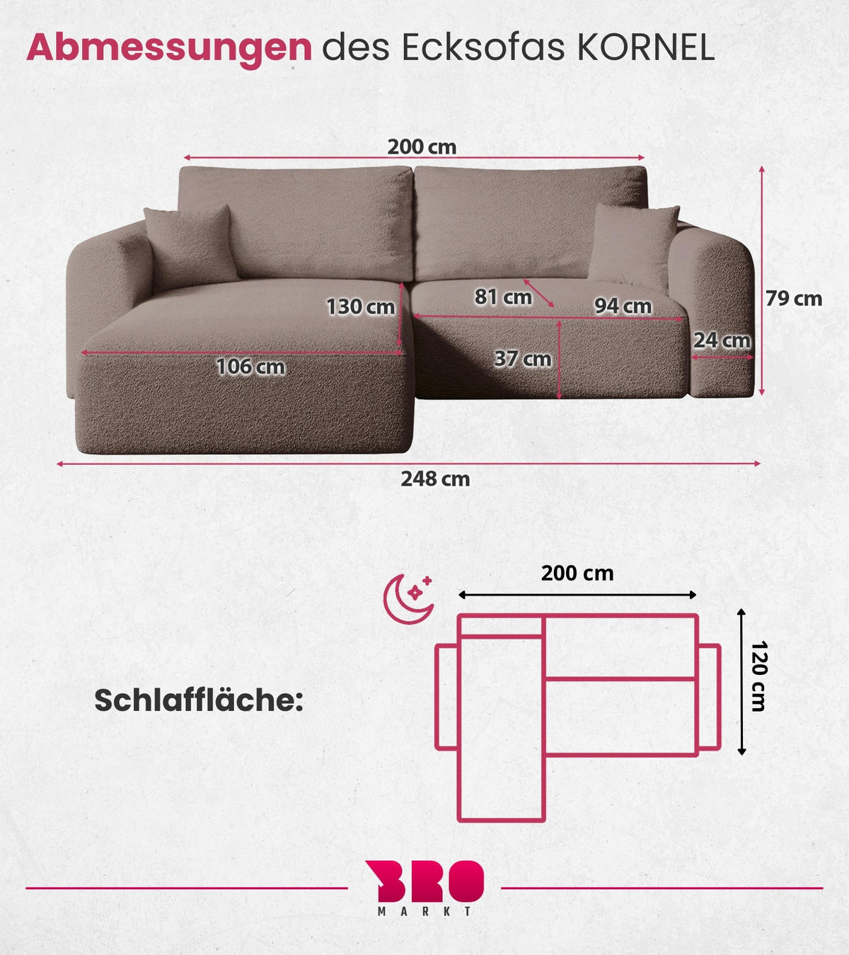 ECKSOFA Kornel mit Schlaffunktion Rosa Boucle - Rosa, Textil (248/165cm) - Bromarkt