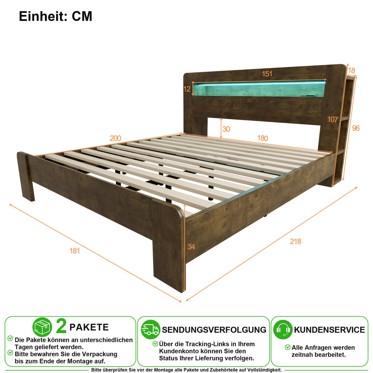 BETT 180/200 cm in Holz mit Stauraum, LED und Steckdosen - Eichefarben, Holz/Holzwerkstoff (180/200cm) - CHICFURN