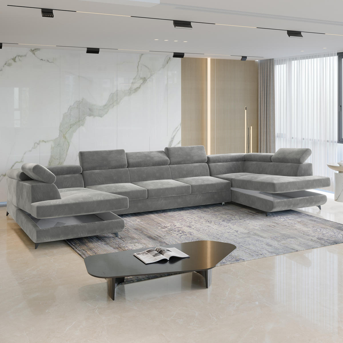 WOHNLANDSCHAFT URMANO Hellgrau Velours-Stoff mit Schlaffunktion - Hellgrau, Holz (395/89/190cm) - MASSENO