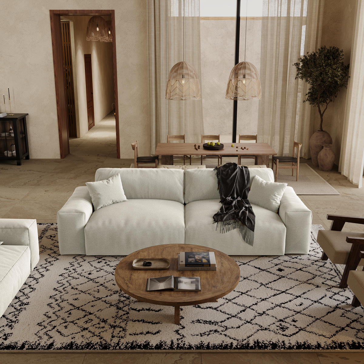SOFA CHEER Köpergewebe mit weichem Griff Beige 220cm - Beige, Textil (220/84/94cm) - Premium Interiors