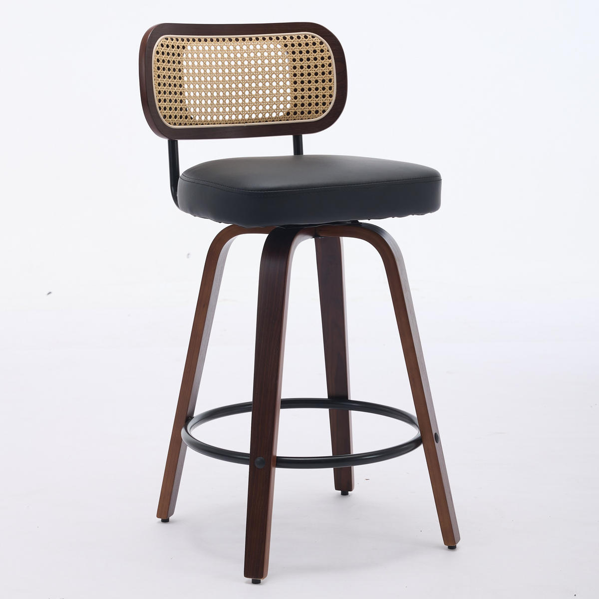 BARHOCKER SET 2 STK. 90 cm Walnuss & Schwarz Drehbare Rattan Barstühle mit Polstersitz - Schwarz, Leder (56/90/43cm) - Urban Meuble