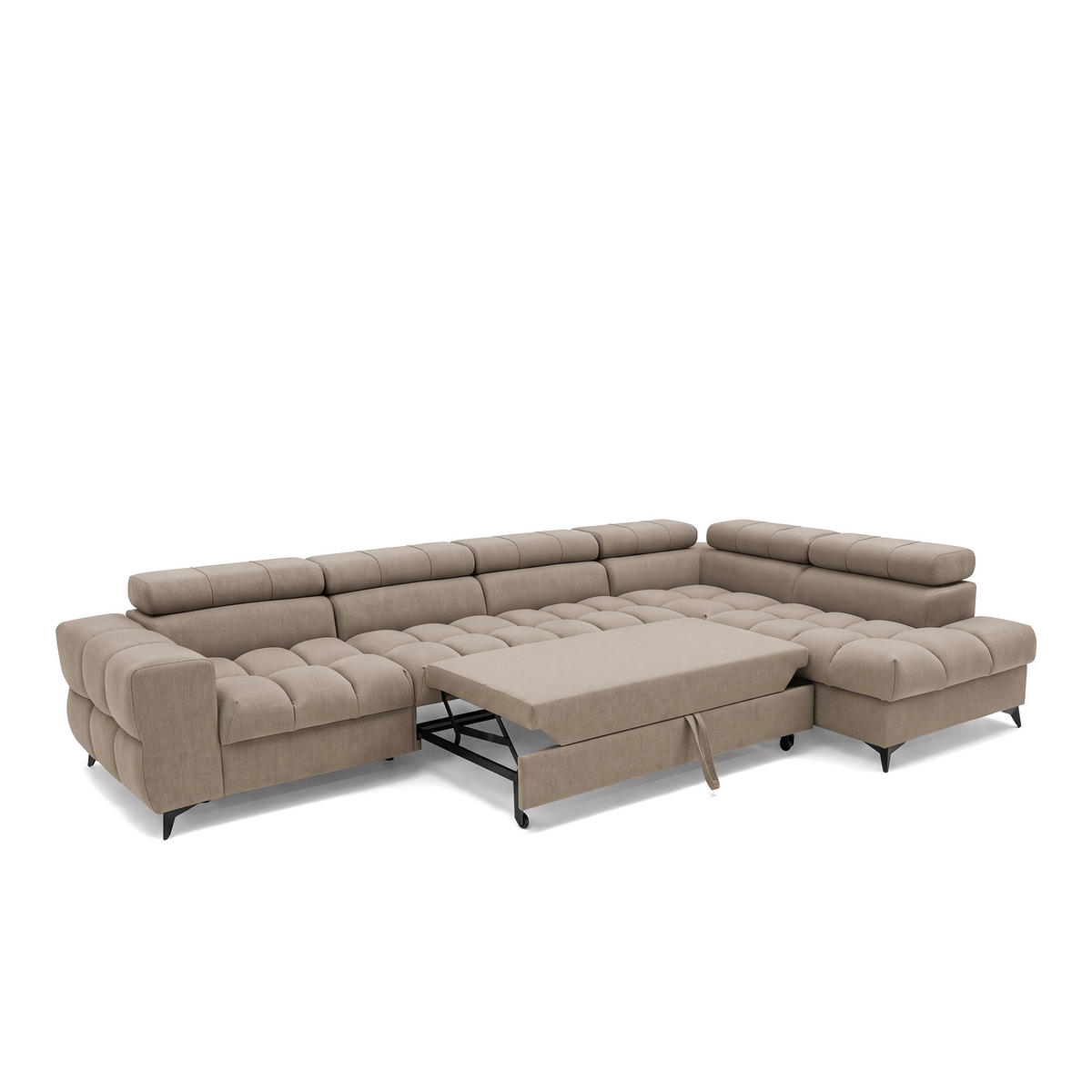 ECKSOFA PUDDING MAXI L Rechts mit Schlaffunktion 125x195 Velours Beige - Beige/Schwarz, Holz/Textil (350/203cm) - Muffo