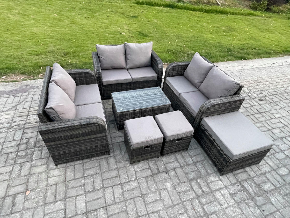 GARTENMÖBELGARNITUR mit KISSEN Polyrattan Dunkelgrau 9-Sitzer - Dunkelgrau/Grau, Glas/Kunststoff - Fimous