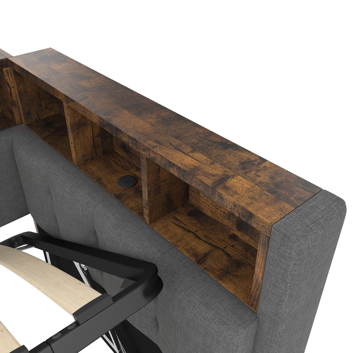 TAGEBETT 90x200cm Grau Leinen USB-C Hydraulik LED-Streifen - Grau, Holz (90/200cm) - FLIEKS