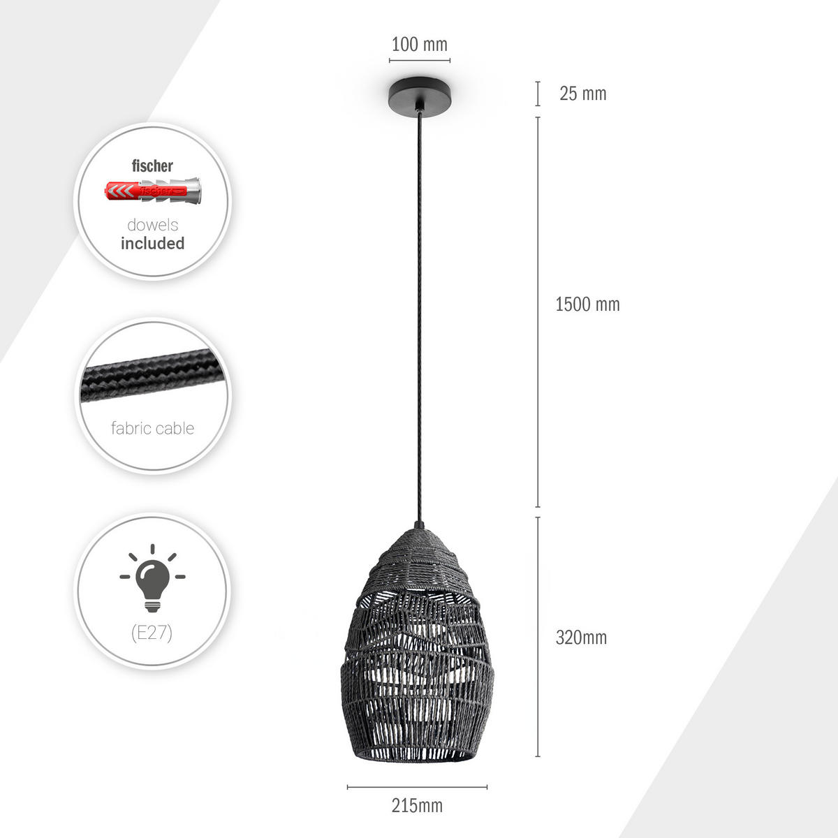 PENDELLEUCHTE Villa S - Schwarz, Metall (30/30/35cm) - Paco Home