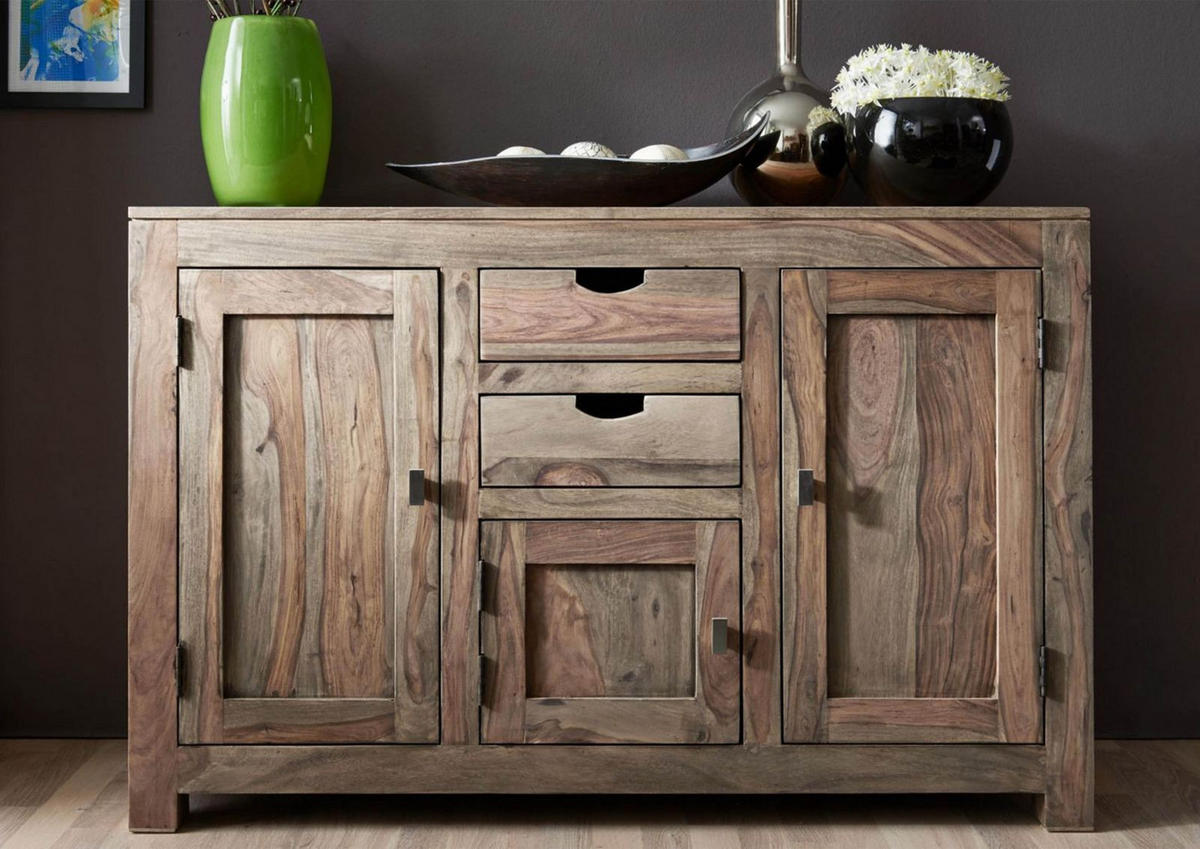 SIDEBOARD Sheesham 130x45x85 grau geölt NATURE GREY #86 - Grau, Holz (130/85/45cm) - Massivmoebel24