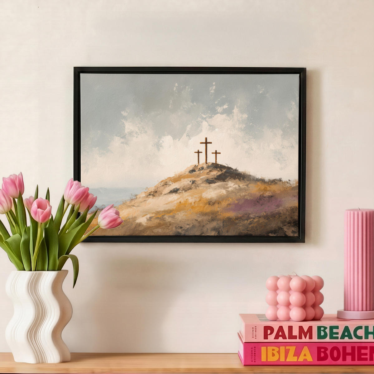 LEINWAND Bilder mit Rahmen - Hügel - Abstrakt - Christentum - Kreuz - 40x30 - Hellgrau, Textil (40/30cm) - MuchoWow