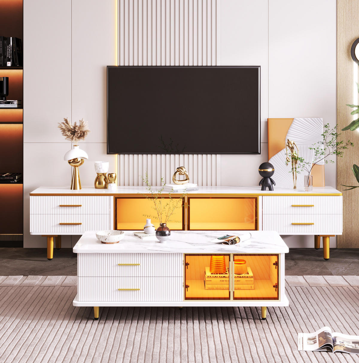 TV-LOWBOARD aus Spanplatte 170x37x47,5 cm Weiß in Marmoroptik mit LED-Beleuchtung, 4 Schubladen und 2 Glastüren - Weiß, Holzwerkstoff (170/47.5/37cm) - Modfu
